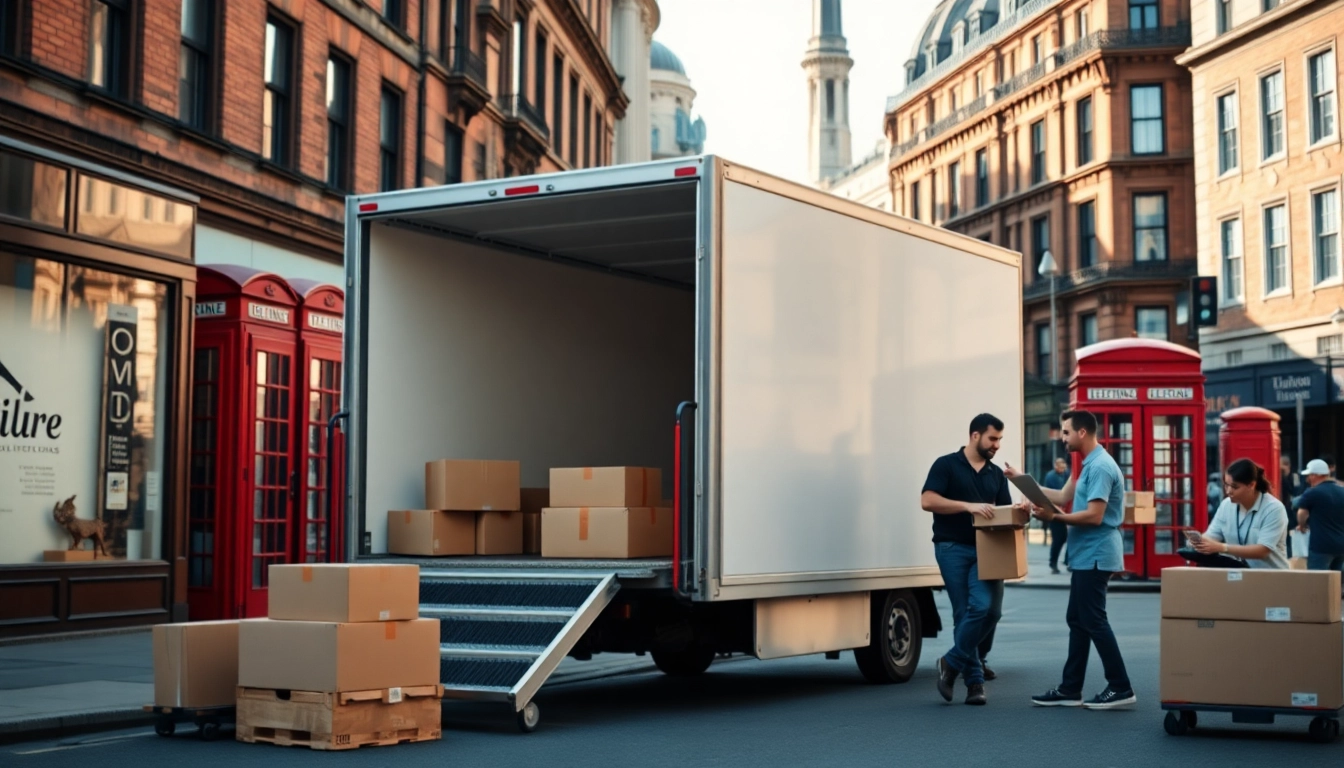 Moving companies in London loading items onto a truck amidst iconic city scenery