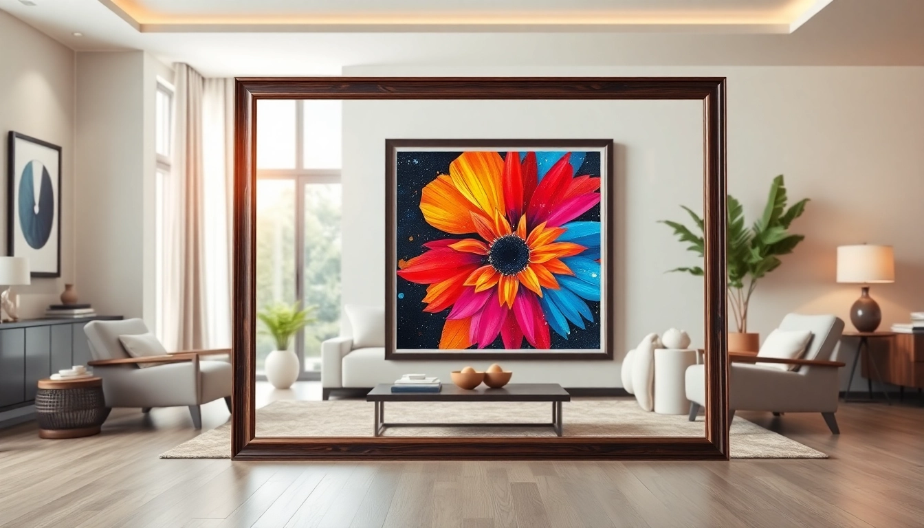 Showcasing a stunning 36x48 frame featuring vibrant artwork in a contemporary living room setting.