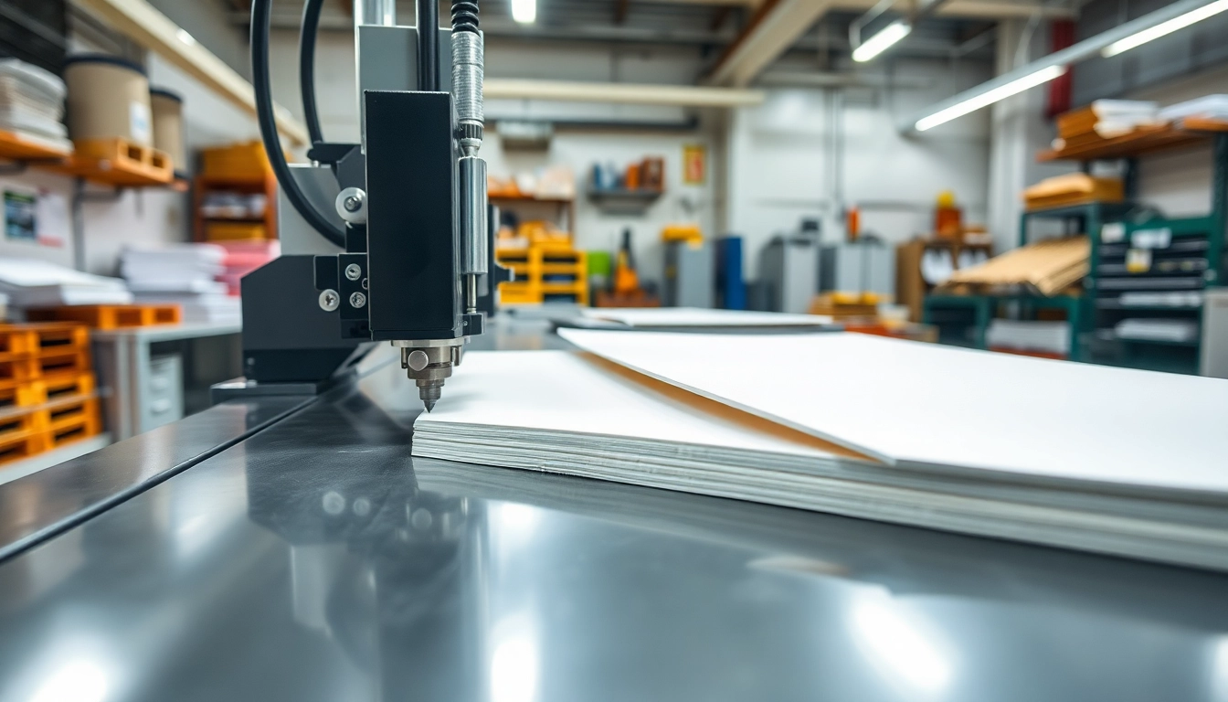 Precision die cutting machine showcasing the cutting process of adhesive foam in a professional industrial setting.