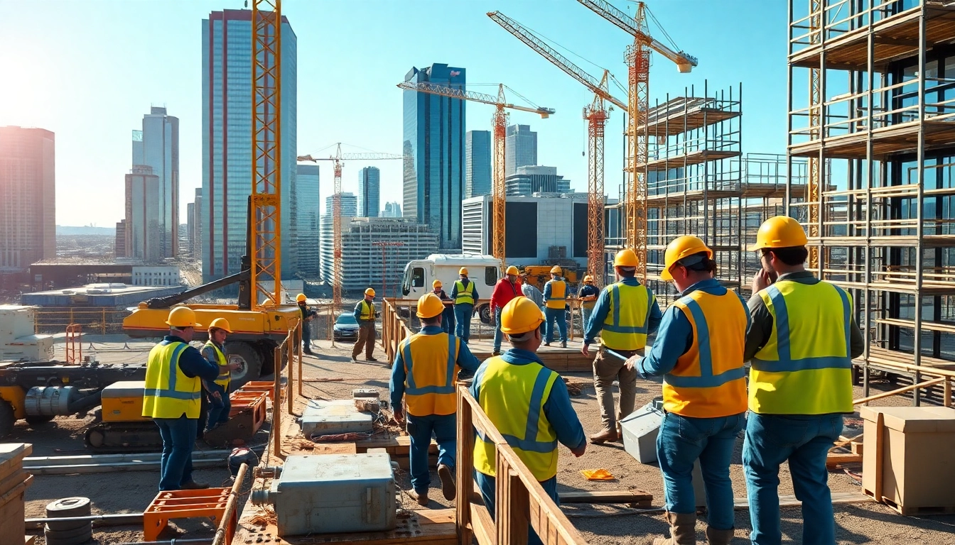 Austin construction team collaborating on a modern building with cranes in the vibrant skyline.