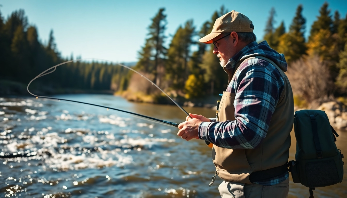 Engaged in fly fishing lessons near me, an instructor teaches a beginner in a picturesque river landscape.