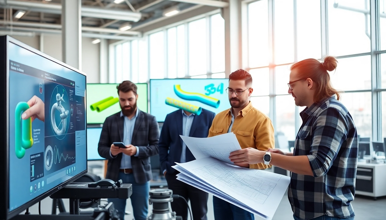 Engineers collaborating on pipe stress Company simulations in a bright, modern office.