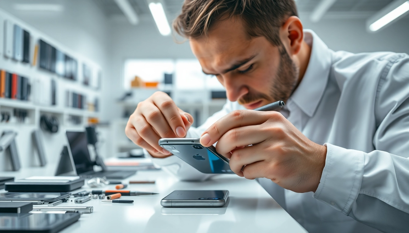 Riparazione iPhone Torino: Tecnico esperto mentre sostituisce il vetro di un iPhone in un laboratorio luminoso.