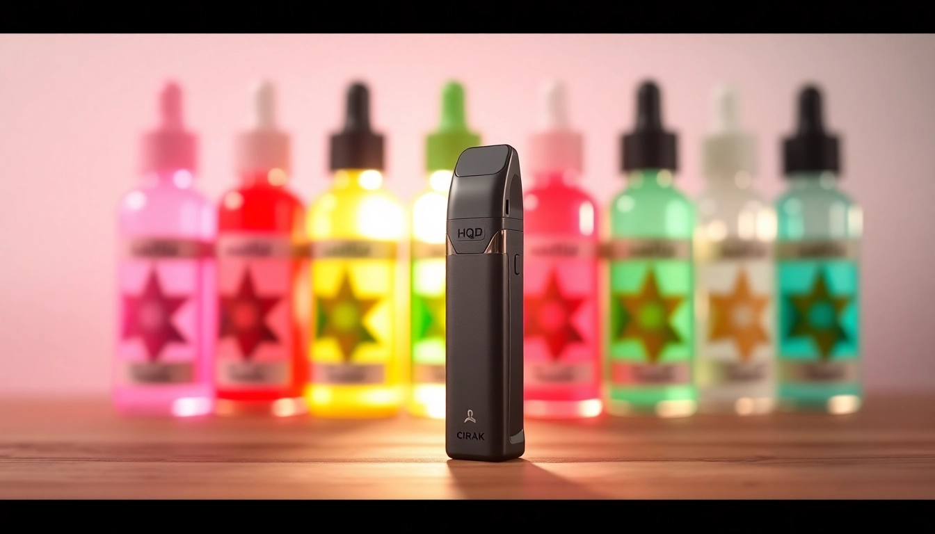 Hqd Cirak pod vape showcasing sleek design with colorful e-liquids in the background.