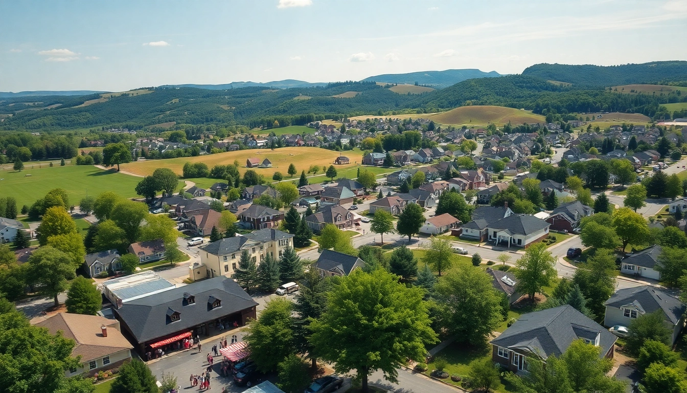 Clarksburg market scene featuring vibrant activity and lush landscapes.
