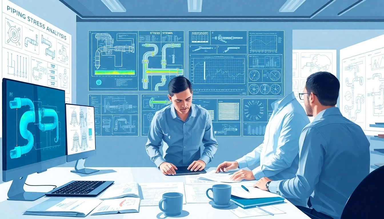 Piping stress Company engineers analyzing simulations and blueprints in a bright, professional workspace.