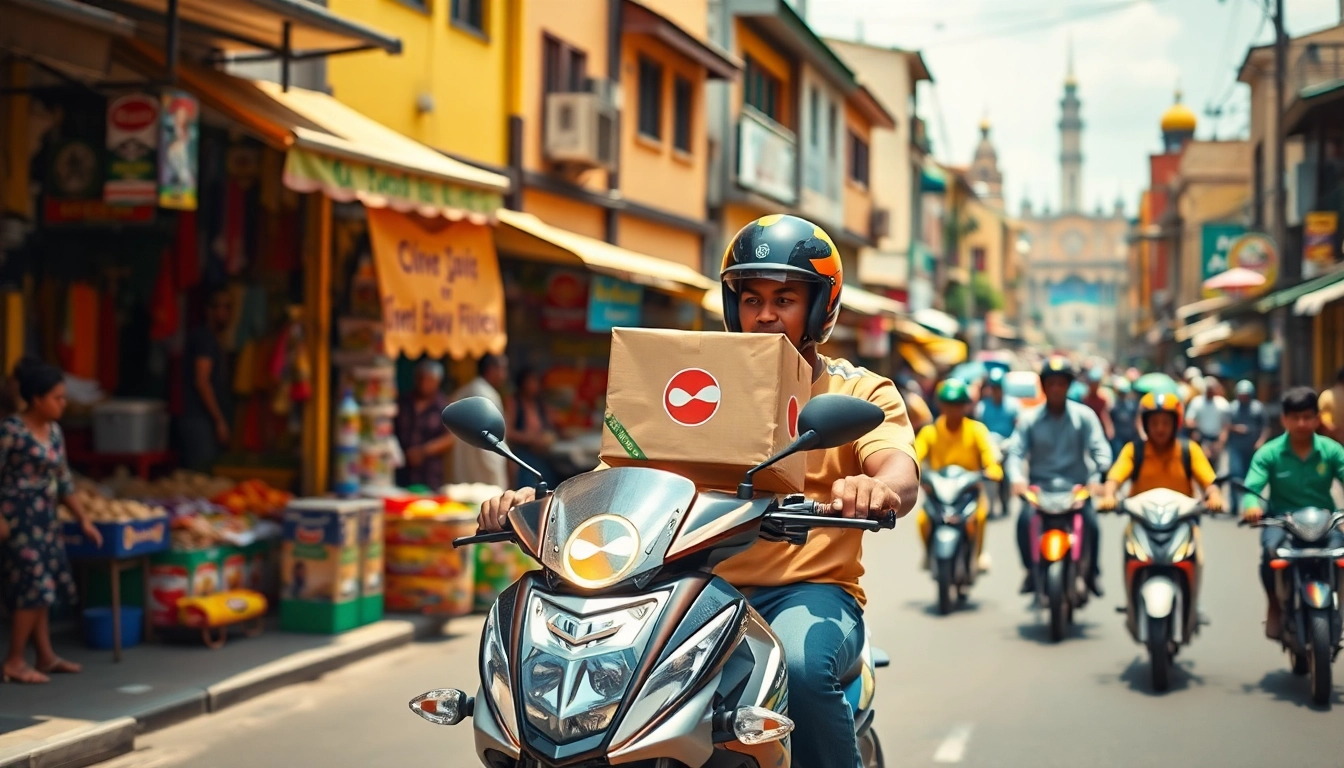 Delivery apps in Lagos featured prominently with a rider on a motorcycle delivering food in a lively urban setting.