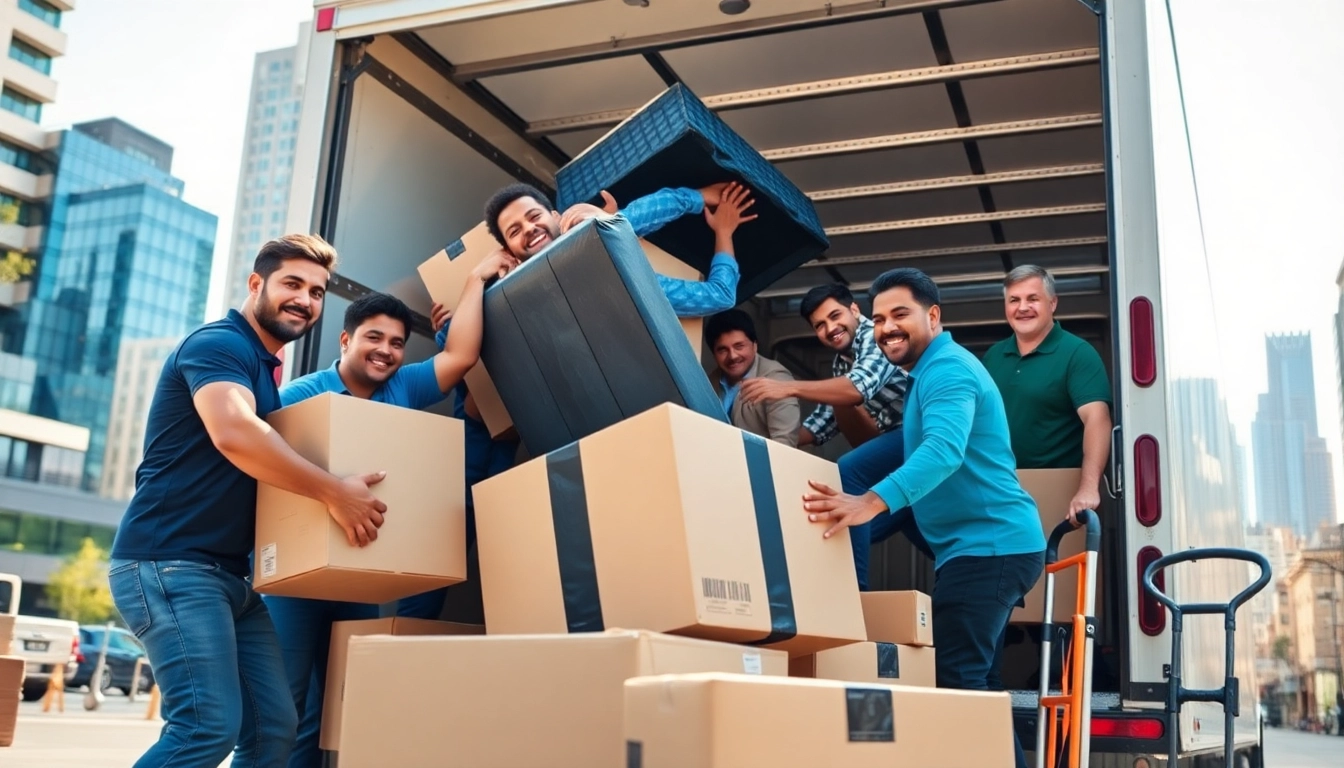 Moving services Edmonton team efficiently loading furniture into a truck in a vibrant city scene.