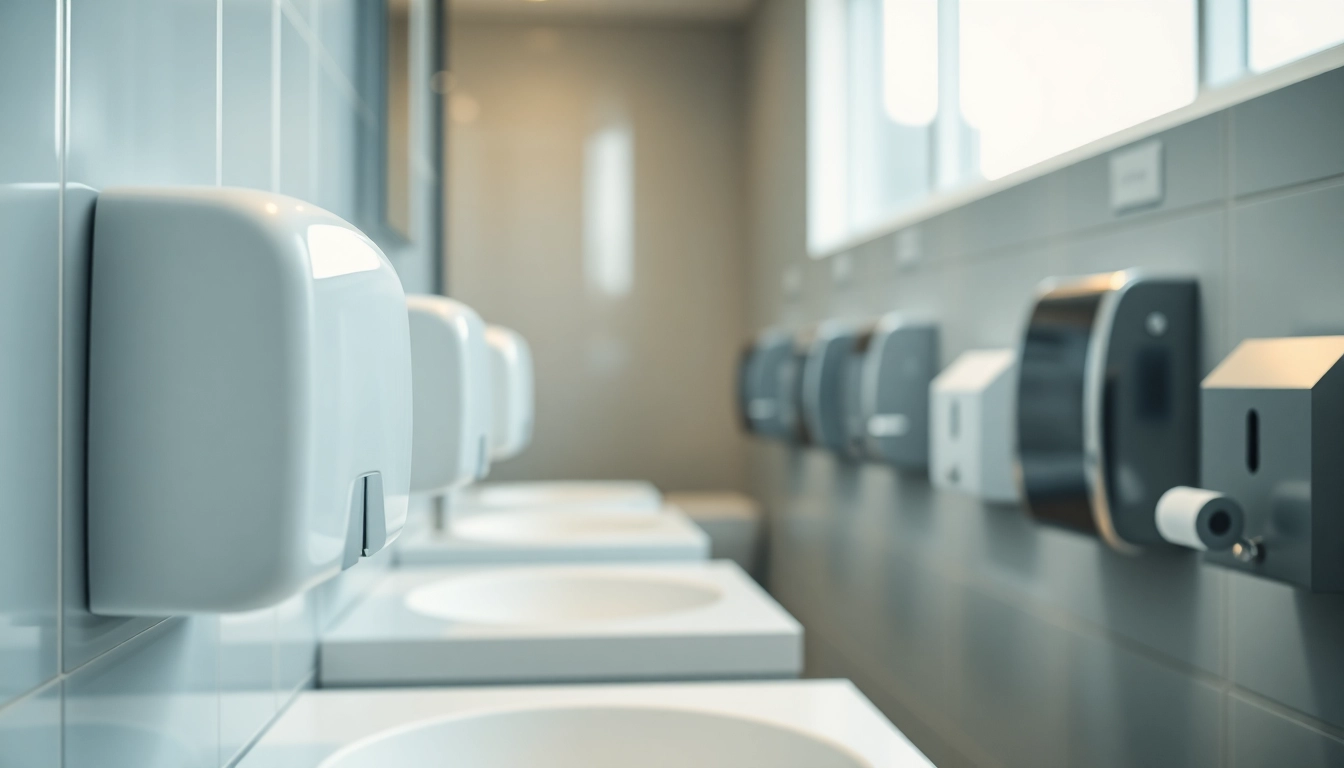 Explore premium Commercial Restroom Supplies including hand dryers and dispensers in a modern setting.