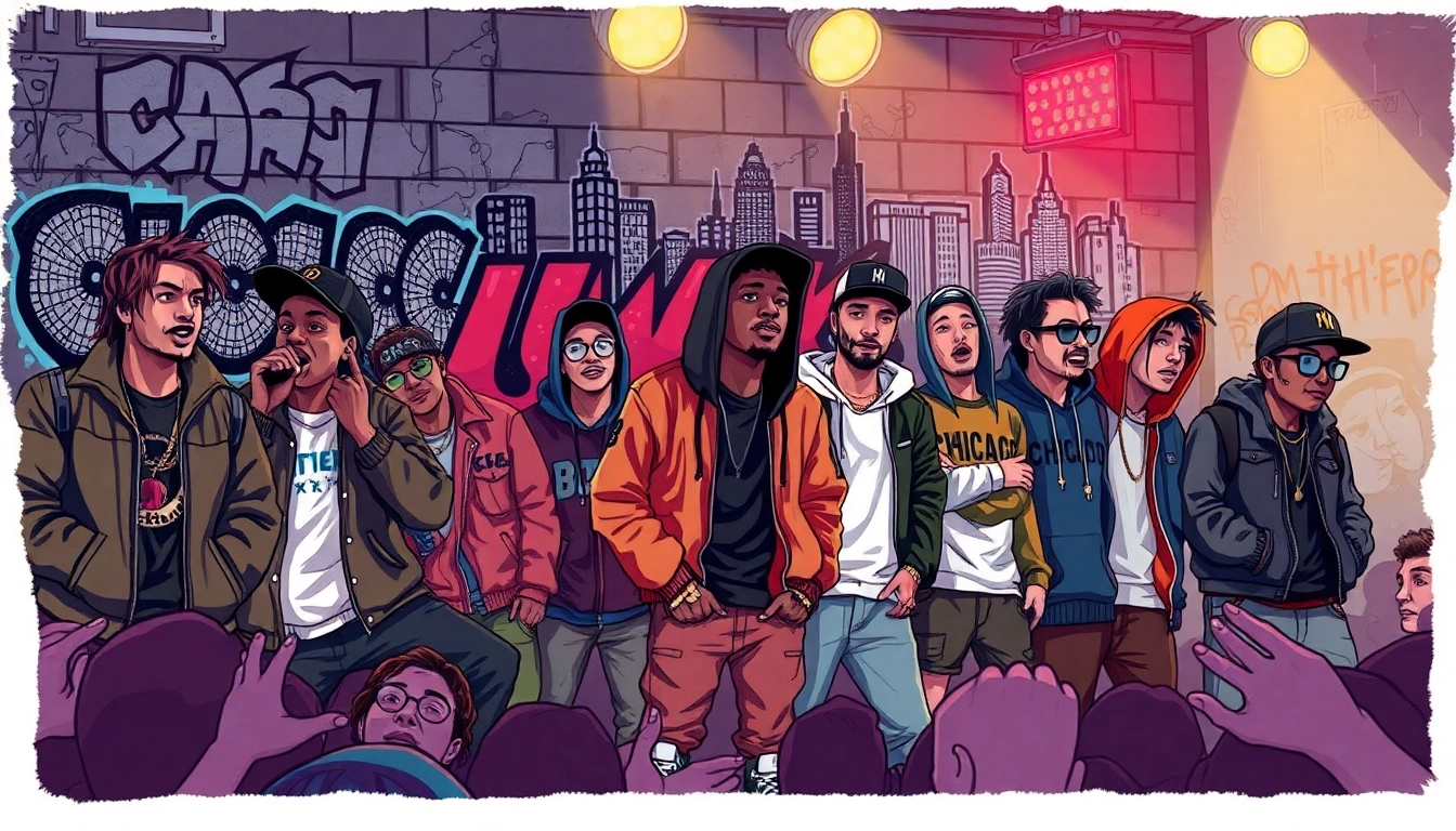 Elevated view of Underground rap Chicago scene with vibrant artists performing passionately.