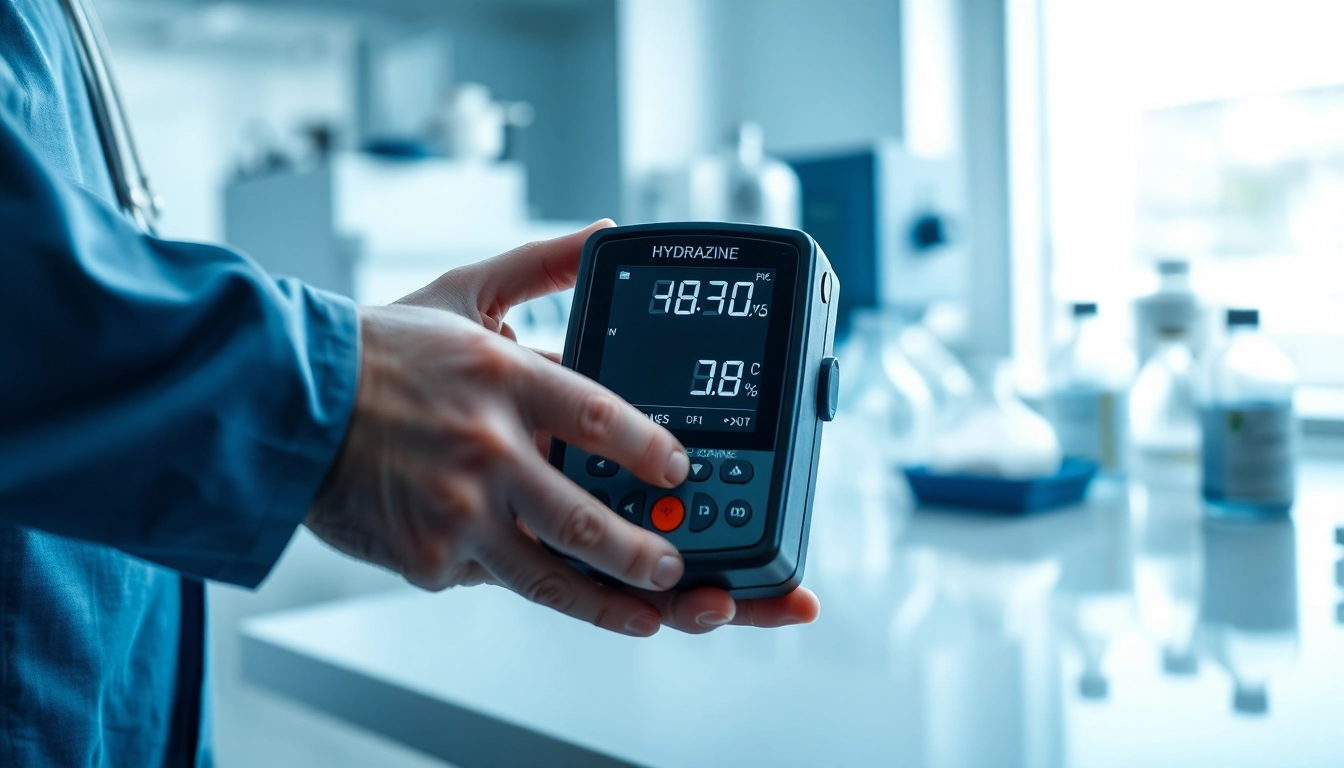 Hydrazine monitor shown in use, emphasizing safety in gas detection practices.