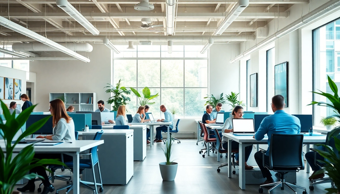 View of a modern voffice coworking space with professionals collaborating and natural light.