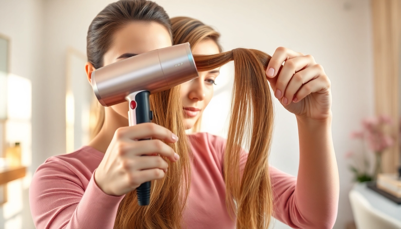 Stylist using a hair dryer for fine hair, showcasing smooth, volumized results in a bright salon.