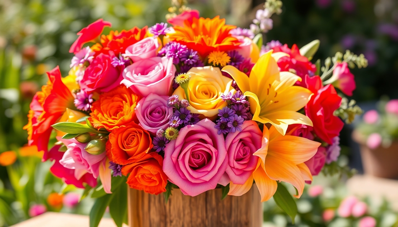 Arrange stunning Irvine flowers in a rustic wooden vase amidst vibrant greenery.
