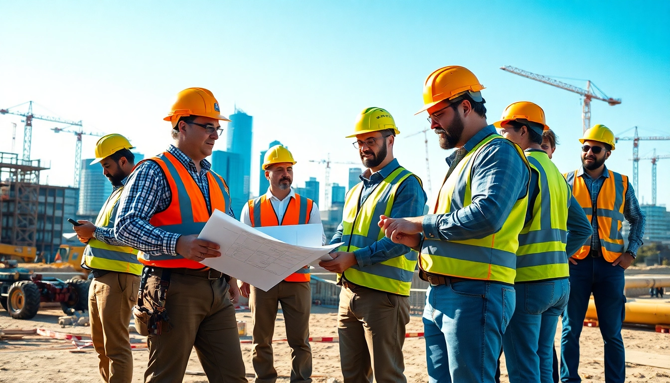 Austin construction workers collaborating at a vibrant site with modern buildings.