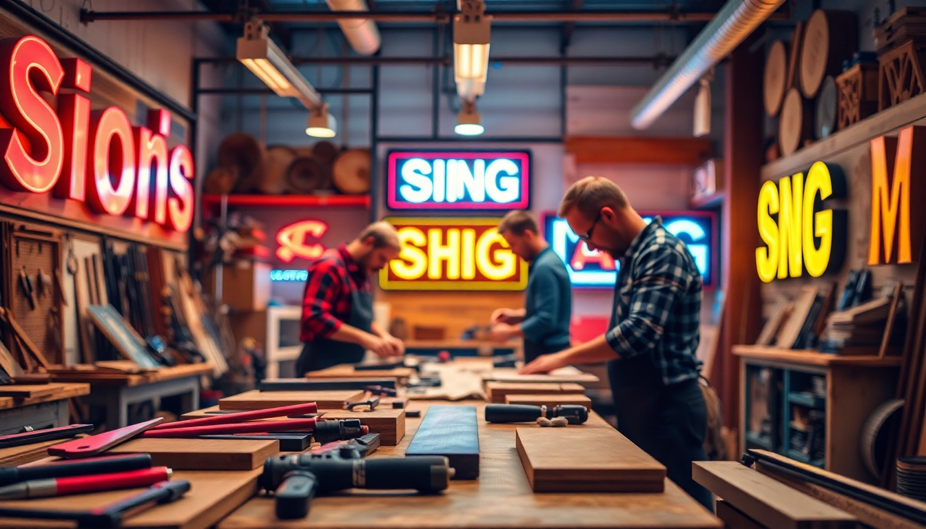 Calgary sign company artisans creating vibrant and custom signage in a lively workshop.