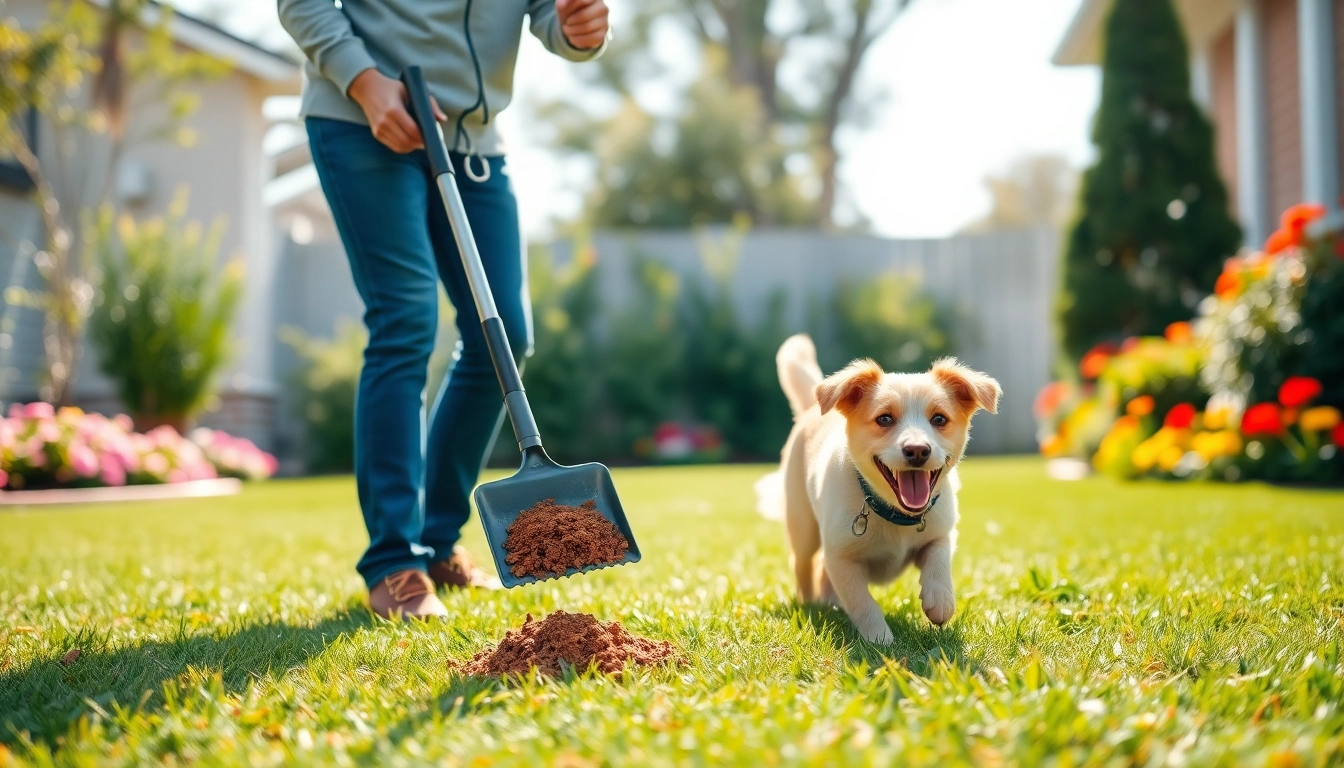 Dog owner actively cleaning up dog poop in a vibrant backyard environment.