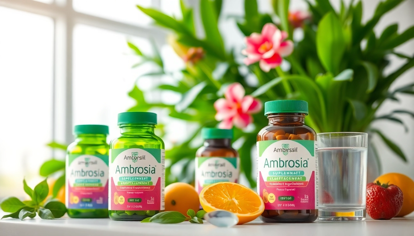 Ambrosia supplements displayed in an inviting health setting with vibrant colors and fresh props.