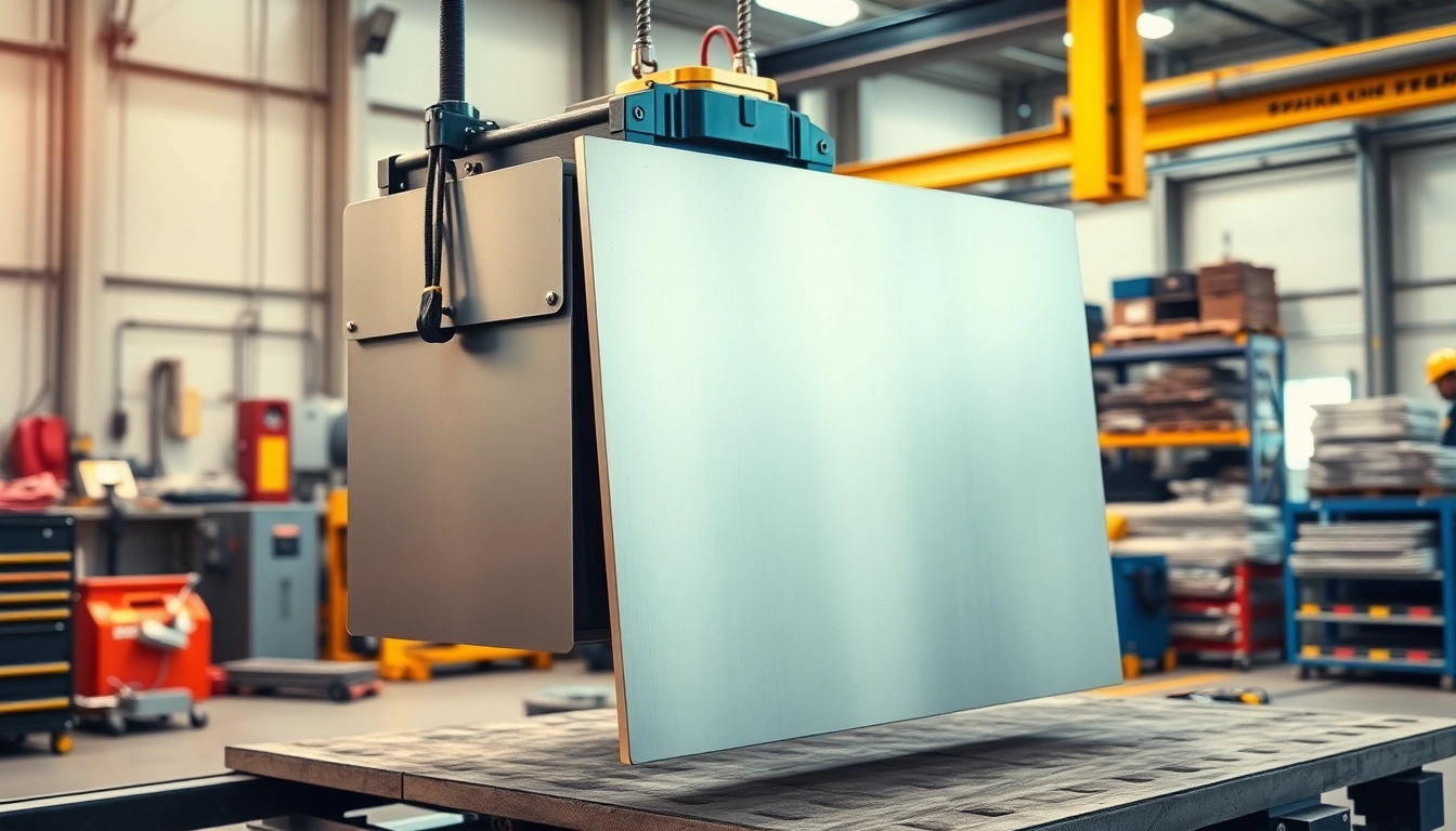 Vacuum liftting equipment lifting a large metal sheet in a busy manufacturing workshop.