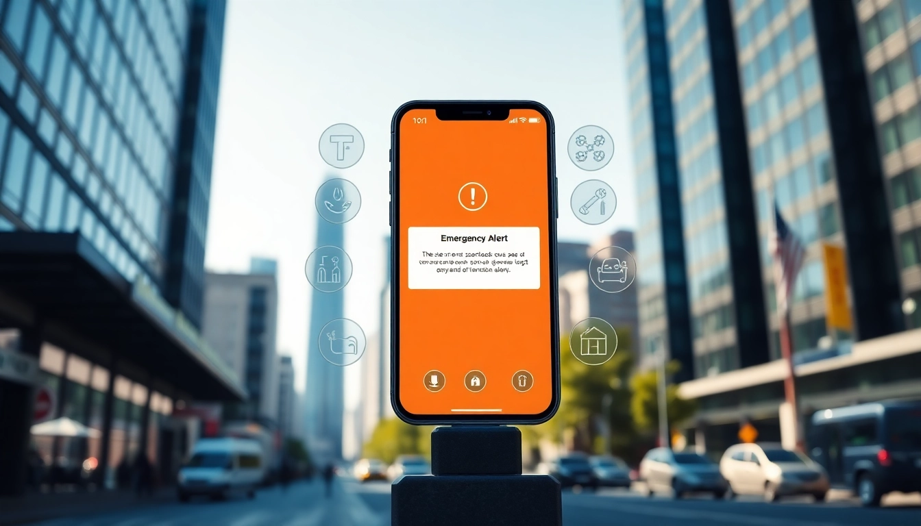 Receive real-time safety alerts instantly on your smartphone amidst a vibrant urban backdrop.