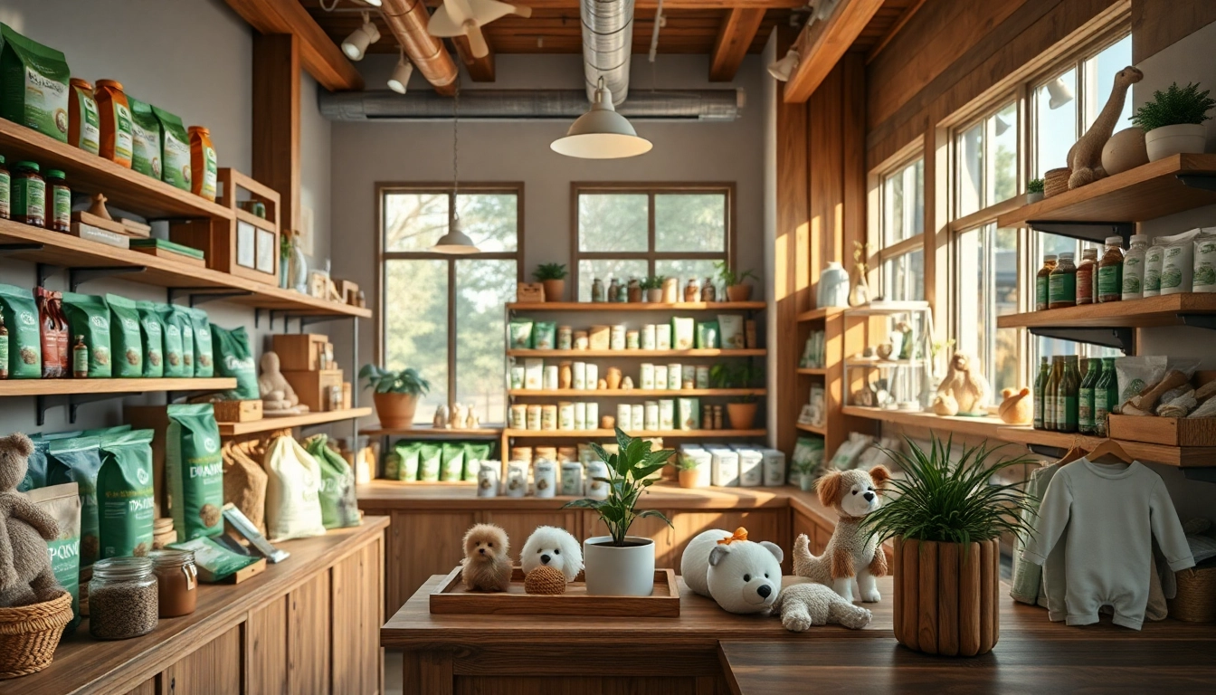 Find organic pet supplies near me, showcasing a variety of eco-friendly products in a cozy pet store.