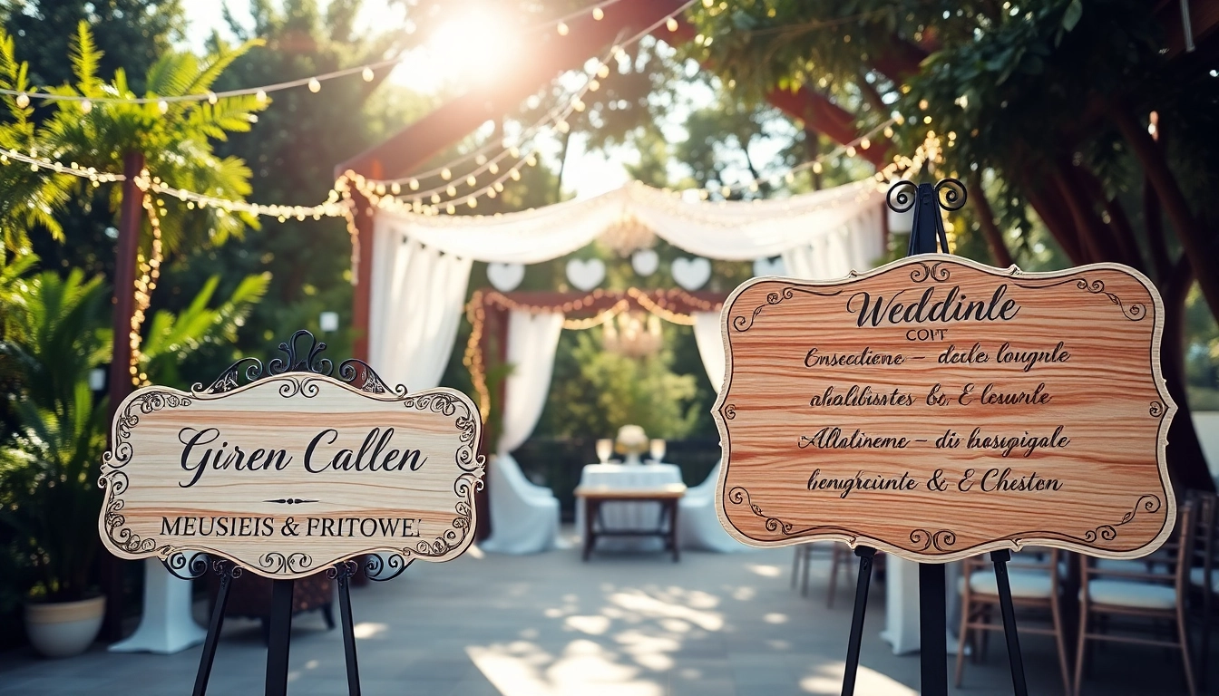 Custom Wedding Signs beautifully crafted to guide guests at an enchanting outdoor wedding.