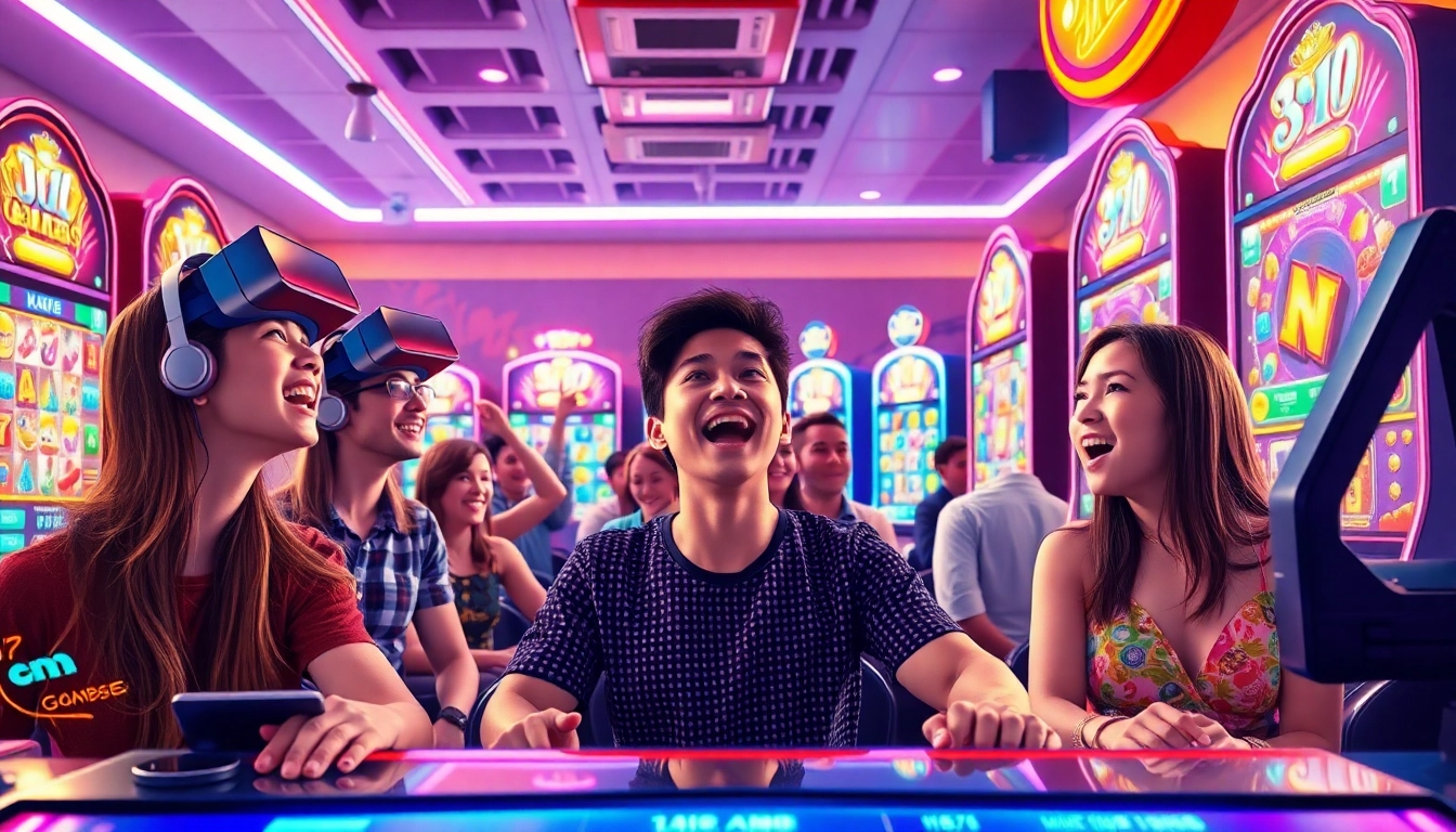 Engaged players enjoying immersive JILI Games slot experience amidst vibrant lights.