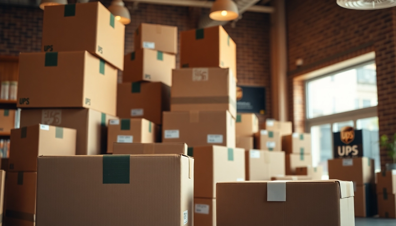 Explore various cardboard boxes at a UPS store, showcasing organized shipping supplies.