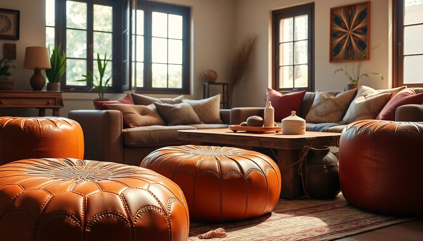 Shop unique Moroccan Leather Poufs and Ottomans with intricate hand-stitched designs.