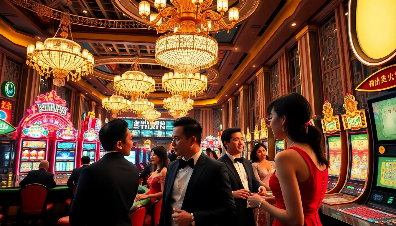 Hasil Macau memperlihatkan suasana kasino yang meriah dengan para pemain berbusana elegan.
