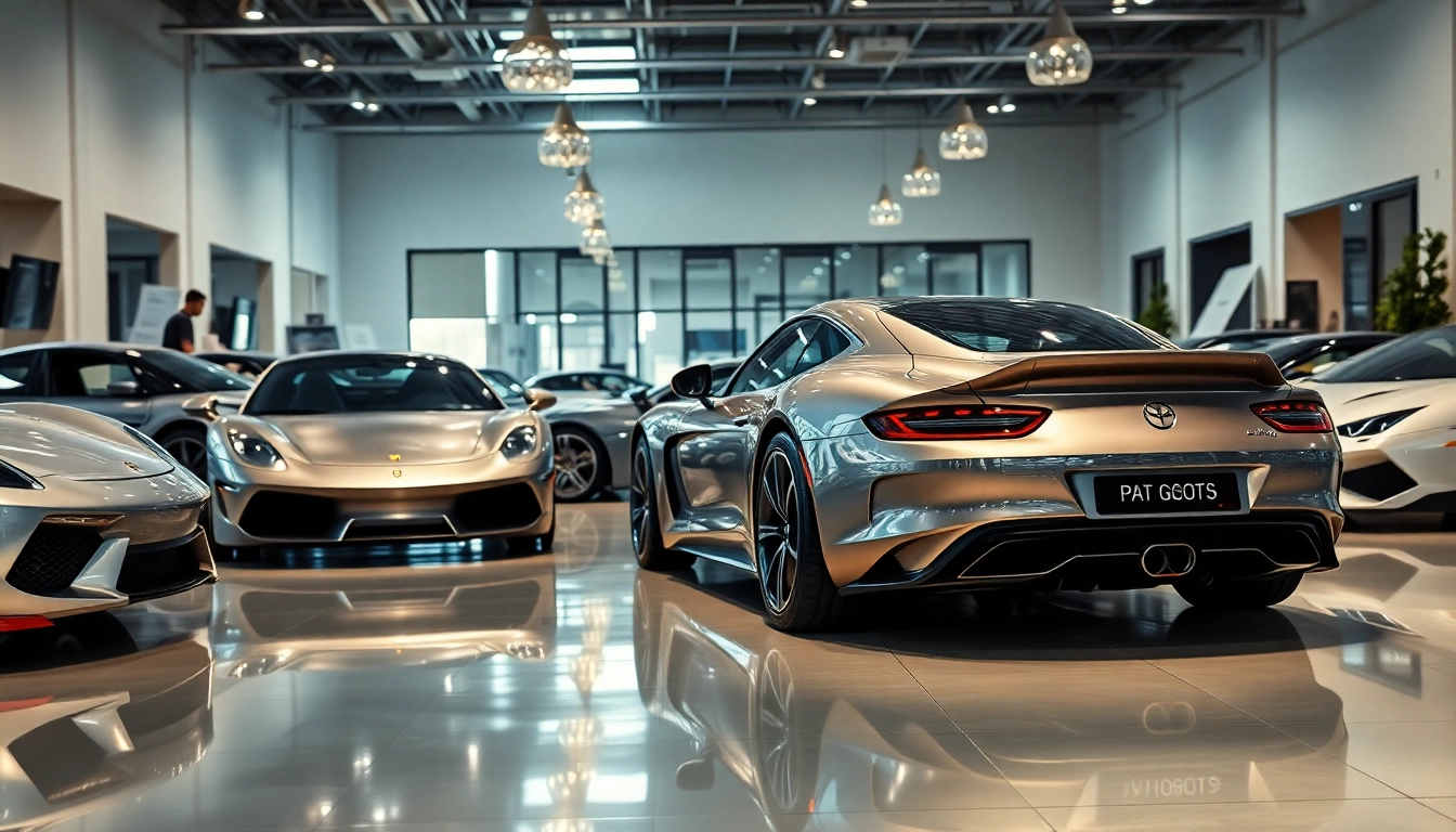 Showcase of a perfect car in a luxurious automotive showroom with vibrant decor.