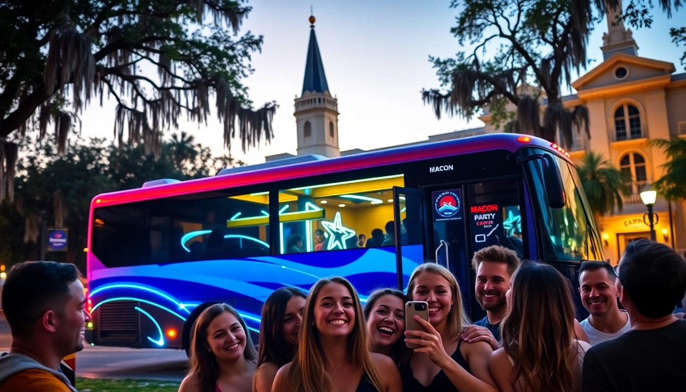Guests eagerly boarding a macon party bus, illuminated by vibrant LED lights against a dusk backdrop.