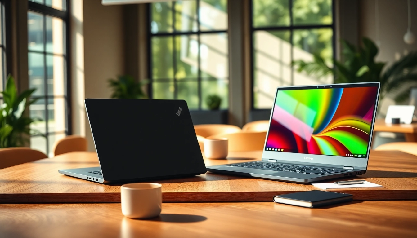 Comparando laptops Lenovo en un moderno escritorio con un ambiente profesional