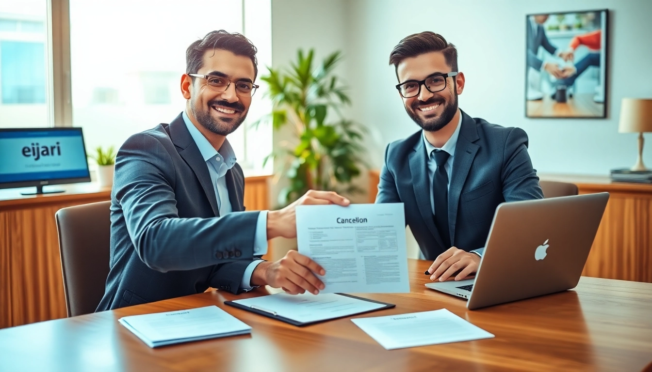 Tenant and landlord completing the ejari cancellation process in a modern office setting.