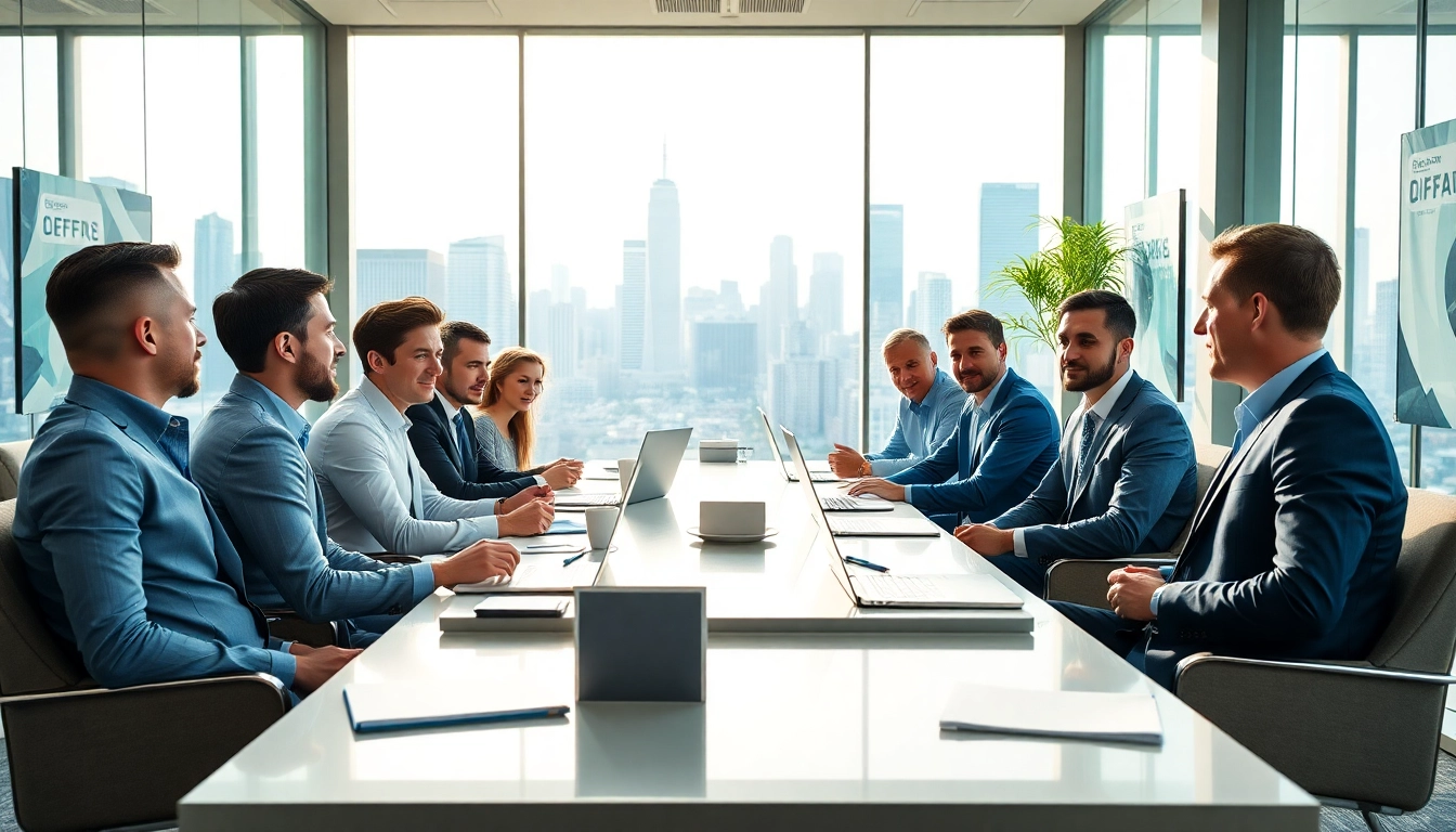 Engaged business travel corporate professionals collaborating in a bright conference room.