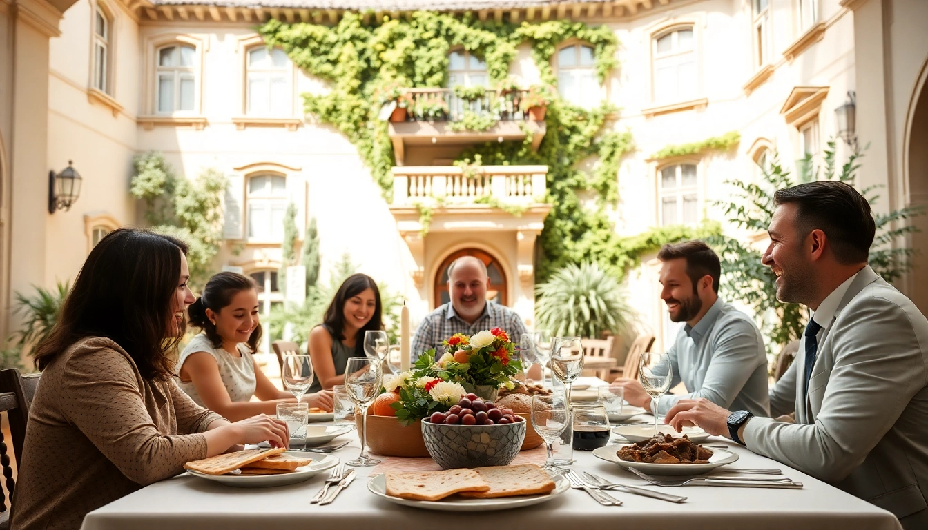 Experience luxurious European Pesach hotels featuring families enjoying festive Seder traditions.