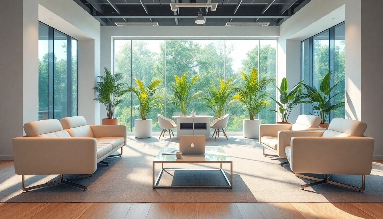 Showcasing modern office space for rent in Bangalore with ergonomic furniture and greenery.