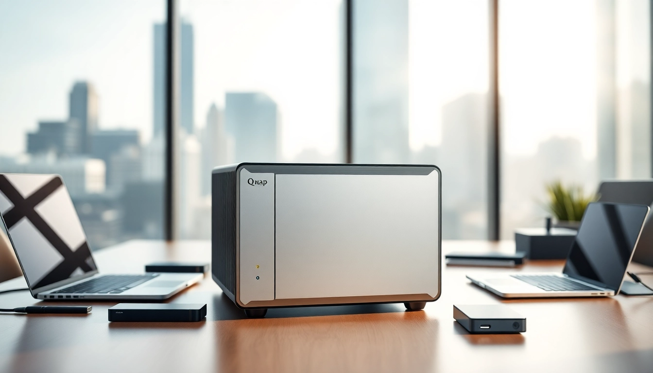 Qnap Storage device elegantly displayed in a modern office setting with tech accessories.