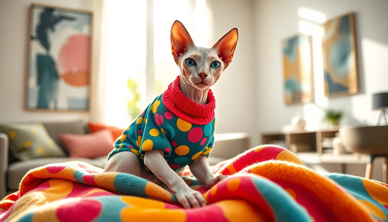 Stylish Sphynx cat in colorful PIKAPIKA Sphynx Clothes on a cozy blanket.