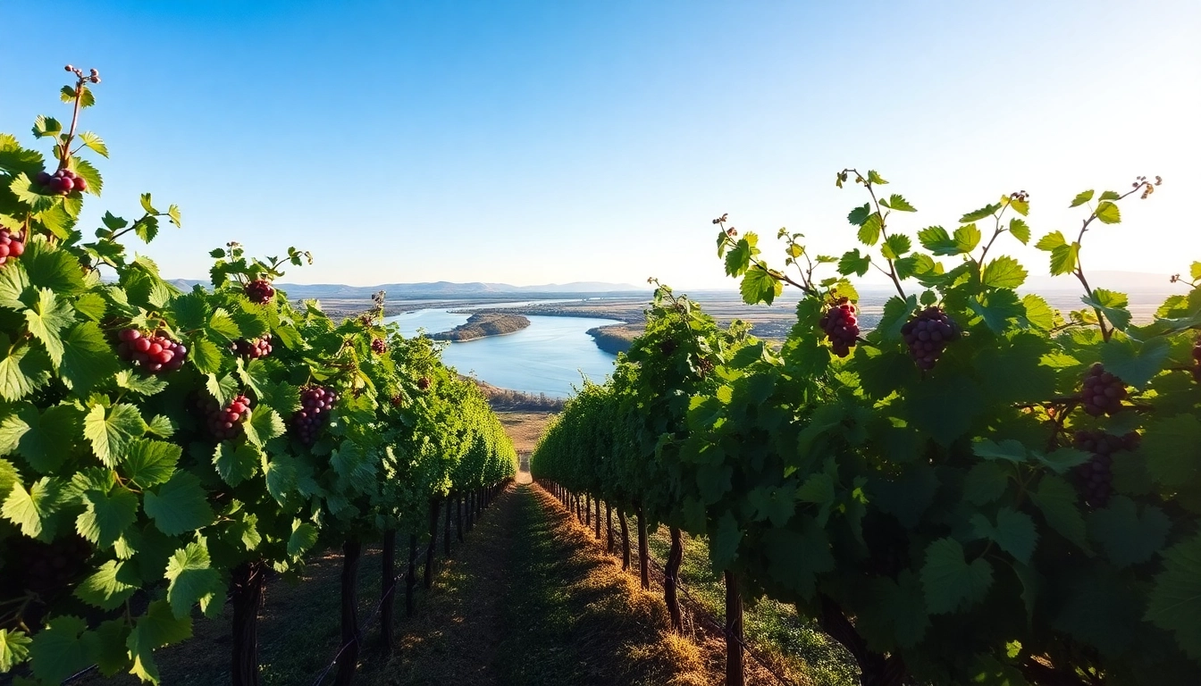 Vibrant view of Clarksburg's vineyards along the Sacramento River under clear skies.