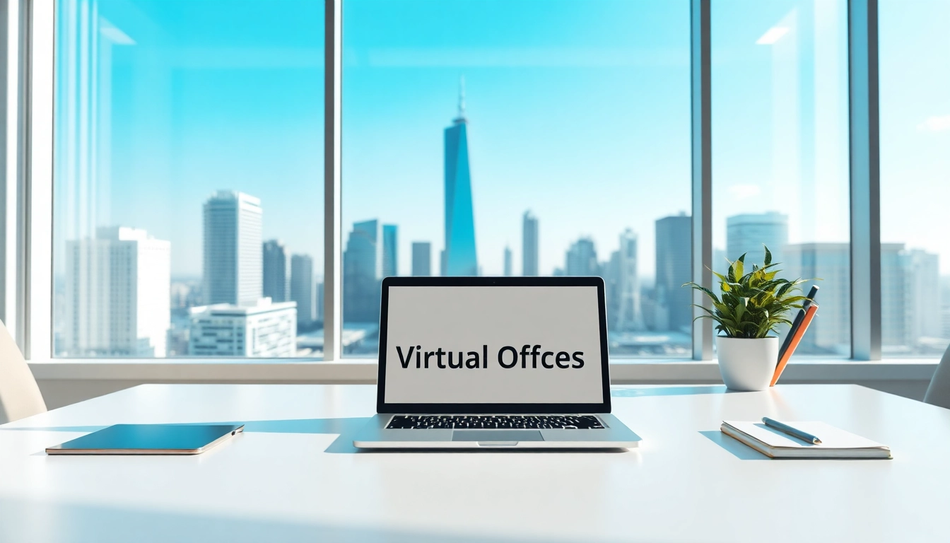 Showcase your virtual office address in a sleek, modern workspace with a city view.