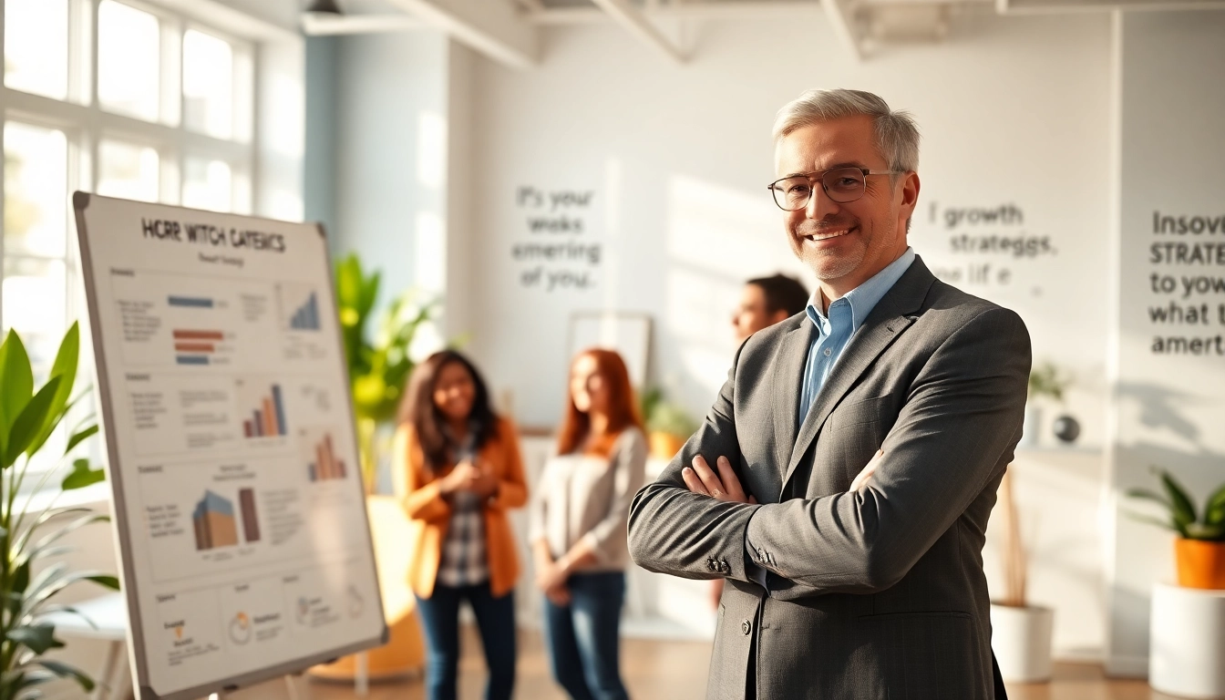 Engaging business coaching service session with a professional coach guiding a team.