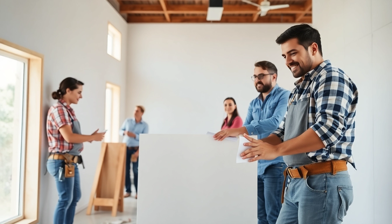 Drywall contractors expertly installing drywall in a bright, professional setting.