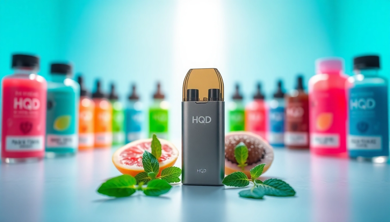 Hqd pods stehen im Vordergrund mit verschiedenen Geschmacksrichtungen im Hintergrund.