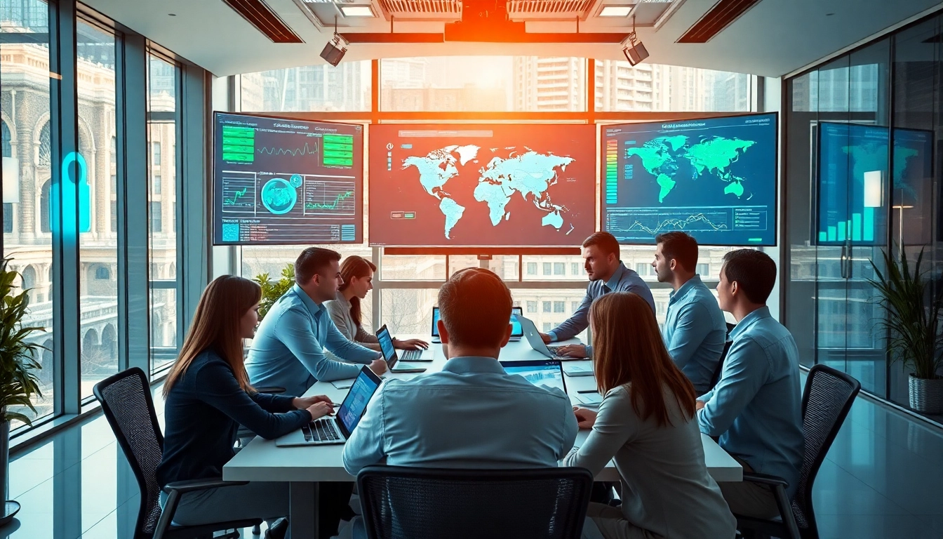 Cyber security services team strategizing in a modern office setting with data screens.