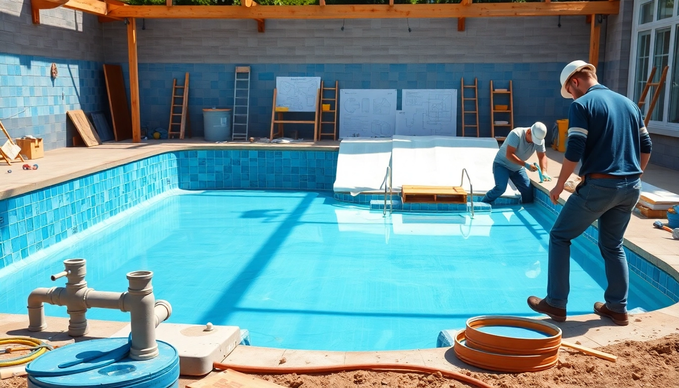 Captivating pool construction scene featuring skilled builders meticulously installing plumbing.