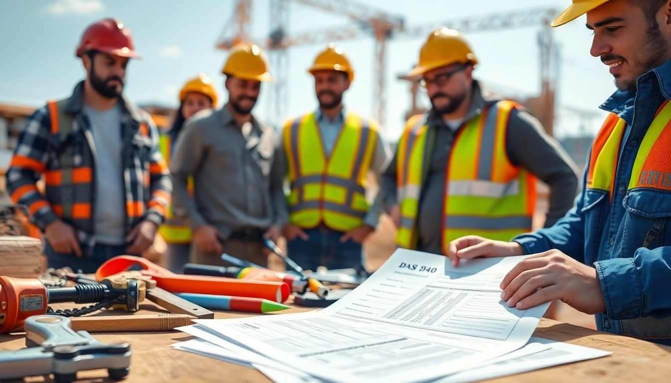 Workers filling out the DAS 140 form in a professional construction setting.