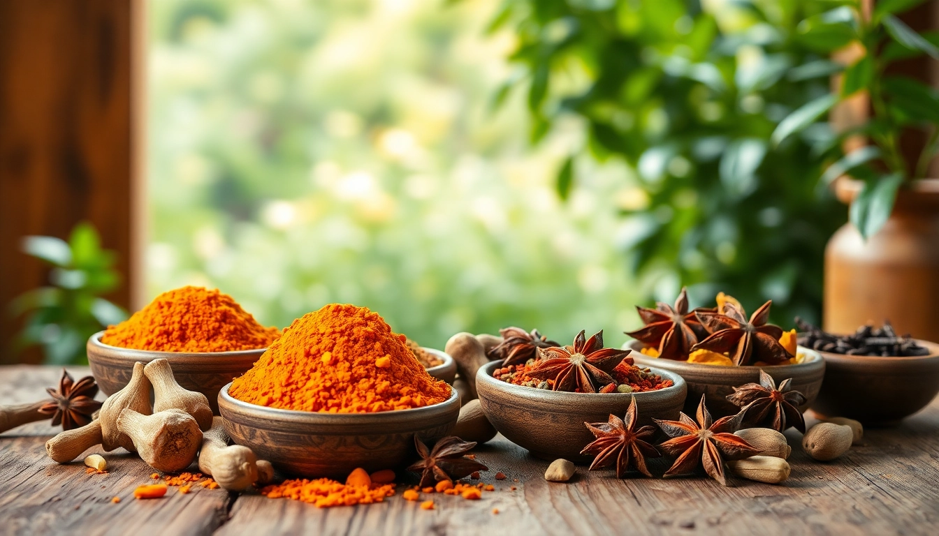 Visually stunning display of oriental spices including turmeric and star anise, capturing vibrant colors and textures.