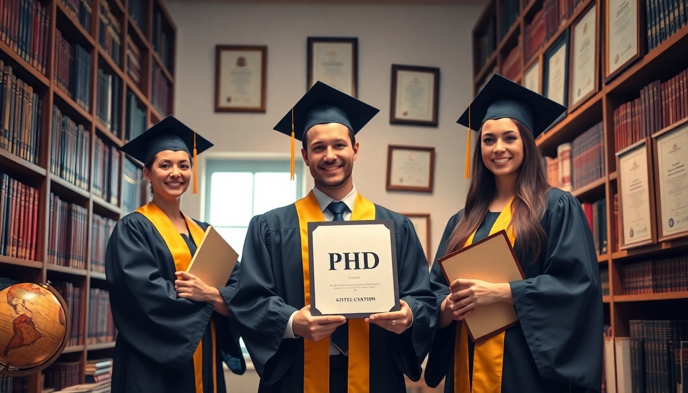 Find where to buy PhD degree showcased with graduates in academic robes in a bright library.