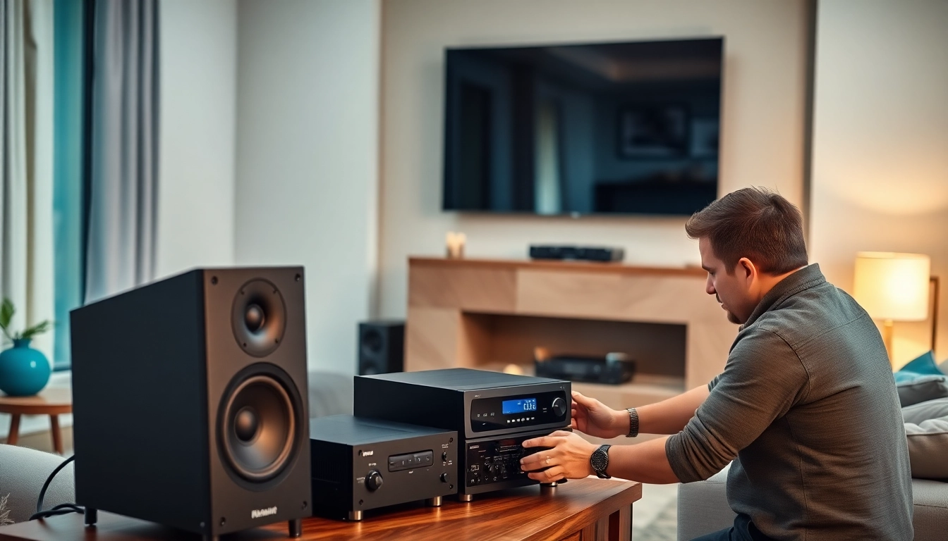Experienced technician performing home audio installation near me in a cozy living room environment.